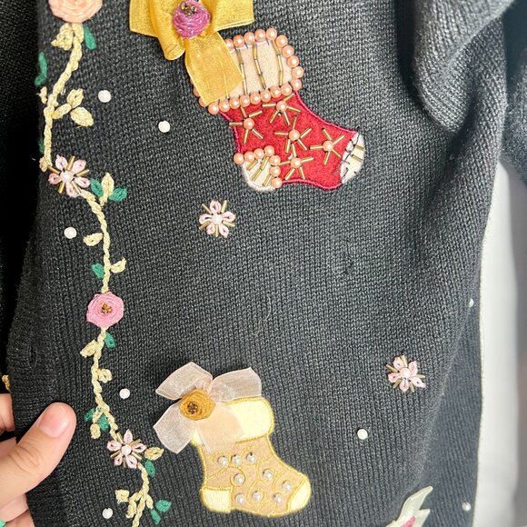 Vtg Christmas Stockings Beaded Festive Button-Up Cardigan Grandma Sweater Sz XL - Picture 5 of 7